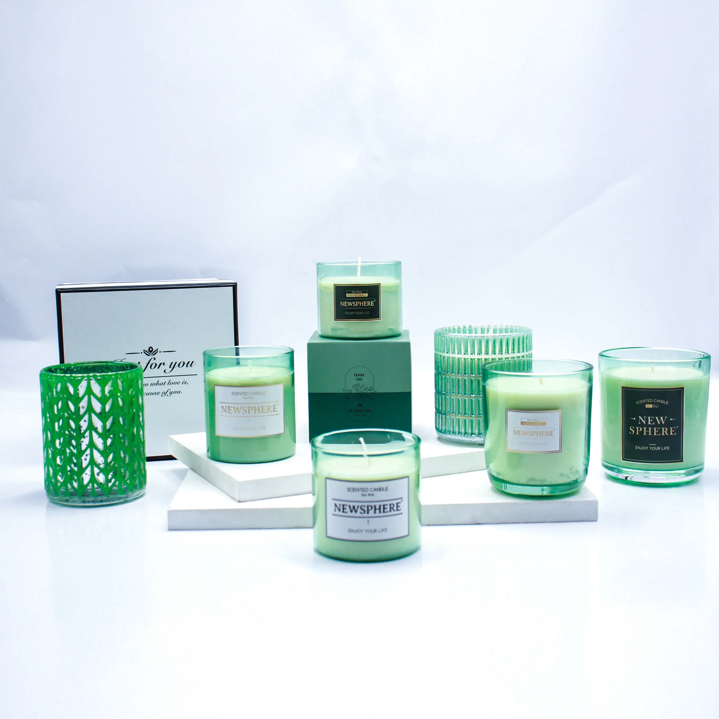 8oz 500ml 도매 개인 상표 고품질 세이지 녹색 컬러 유리 촛불 항아리 상자