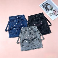 Jupe cargo en jean pour filles ZT007 à 5,5 $, tailles 8-14 ans, mini-jupe à strass, jupes cargo en jean tendance pour enfants, en stock