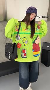 <span class=keywords><strong>Pull</strong></span> en molleton à manches longues de <span class=keywords><strong>grande</strong></span> <span class=keywords><strong>taille</strong></span> de style européen pour femmes, mi-long, ample, avec motif de dessin animé 3D décoratif, boutonné - Product Image 6