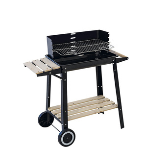 Barbecue a Carbone in Metallo 53x33x85 Cm con Ruote e Ripiani in Legno, Carrello Grill Regolabile Nero BBQ - Product Image 1