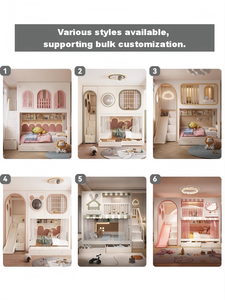 Lit superposé château de princesse contemporain pour filles avec toboggan, rangement, bois massif durable, rose, ensemble de meubles pour chambre d'enfant, salon - Product Image 4