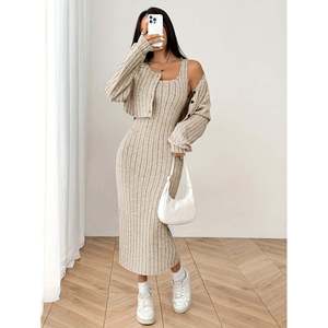Ribbed <b>Knit</b> Dress <b>Set</b> With Cropped Cardigan Khaki Asian S(44) Women's Sweater Outfit - Product Image 3