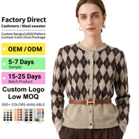 Cardigan d'hiver personnalisé pour femme, col rond, motif Argyle géométrique, tricoté à la machine, style Preppy Old Money, vente en gros OEM