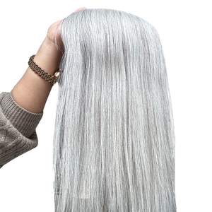 Topper de cheveux humains européens à double tirage de couleur sel et poivre pour cheveux clairsemés Topper de cheveux gris argenté à densité de lumière - Product Image 2