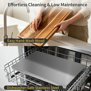 Ensemble de 2 planches <span class=keywords><strong>à</strong></span> <span class=keywords><strong>découper</strong></span> en acier inoxydable et bois d'acacia, compatibles lave-vaisselle, <span class=keywords><strong>avec</strong></span> rebord de comptoir et rainure pour les jus, pour la cuisine - Product Image 6