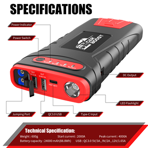 Démarreur de <span class=keywords><strong>batterie</strong></span> de voiture portable 24000mAh 4000A intelligent, <span class=keywords><strong>batterie</strong></span> externe 12V, démarreur de <span class=keywords><strong>batterie</strong></span> de voiture, écran LCD, câbles pour moto et camion - Product Image 6
