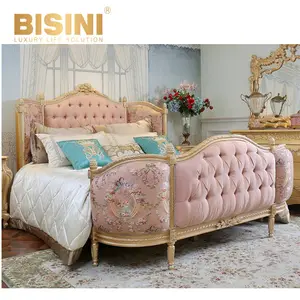 Cama de boda real de estilo barroco italiano, tamaño King, madera maciza antigua tallada, tela rosa, conjunto de muebles de dormitorio de princesa de lujo