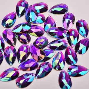 Apliques de cristal acrílico para coser, de 17x28mm, con parte trasera plana, púrpura, AB, diamantes de imitación en forma de lágrima
