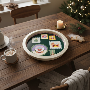 Kontensan EE163EC <b>Large</b> Round Wood Serving <b>Tray</b> with Rustic Style and Green Background Made of Wood and Brass - Product Image 3
