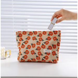 Pochette de maquillage vintage en velours côtelé à motif floral, grande capacité, avec fermeture éclair, pochette de toilette portable - Product Image 3