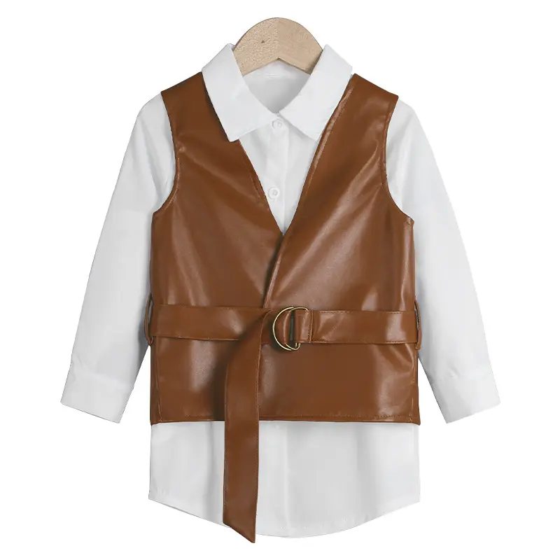 Top autunnali per ragazza bambini giacca in pelle gilet + camicia lunga moda ragazze autunno Boutique Outfit camicetta per bambine