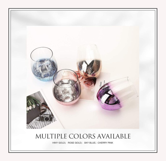 Stemless Wine Glasses Set of 4 Crystal Clear Colored Wine Glass Starry Sky Themed Premium Shiny Drinking Glassware Tumblers
