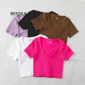 Custom Wholesale High Quality Blank Ribbed Crop Top Slim Fit T-Shirt V-Neck Casual Loose Short Sleeve <strong>Tshirt</strong> <strong>for</strong> <strong>Women</strong> - Product Image 5