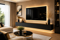 Lemari TV Minimalis Mewah Warna Hitam untuk Dinding dengan Laci Penyimpanan, Finishing Kayu, Cocok untuk Ruang Tamu dan Proyek Hotel