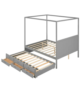 Queen Size Hemelbed Met Uitschuifbed En Lades, Massief Houten Hemelbed Met 3 Opbergladen - Product Image 6