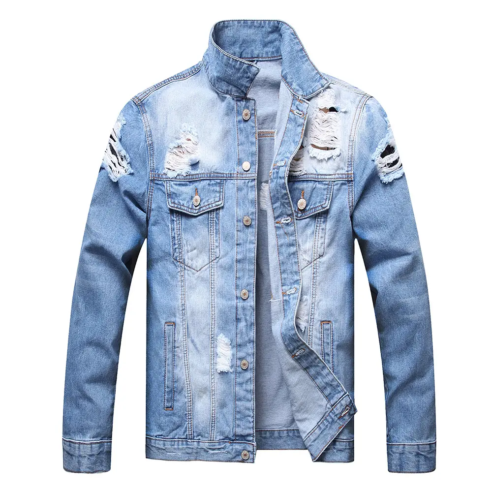 High Quality Jean Men's denim Coat Custom made Loose Light Blue Ripped Denim Jacket Motorcycle distressed Jacket Cotton Shell