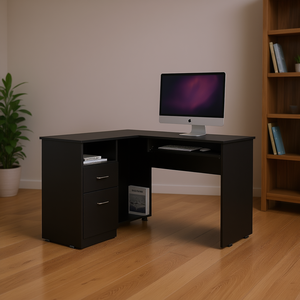 Scrivania a L per Computer con Vassoio per Tastiera, Due Cassetti e Un Ripiano Aperto, Serie Idra di Depot E Shop - Product Image 2