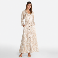 Nouvelle Robe Chemise Longue Femme Imprimé Zèbre Col V Manches Longues Boutonnée Ceinturée Coupe Trapèze Style Bohème Décontracté