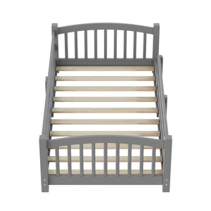 Lit de sol pour enfants gris, avec barrières de sécurité tout autour sans porte, design Montessori adapté aux chambres d'enfants - Product Image 3