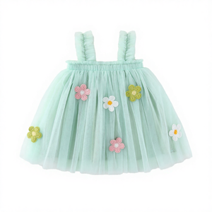 Vestido de Verano para Bebé Niña, Diseño Elegante con Bordado Floral, Cuello Redondo, Sin Mangas, Tirantes, Estilo Tafetán, Largo hasta la Rodilla - Product Image 3