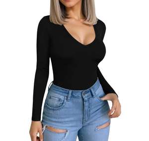 T-shirt coupe ajustée hauts tuniques t-shirt logo personnalisé concevez vos propres chemises personnalisées femmes <span class=keywords><strong>col</strong></span> en V à manches longues tissé imprimé - Product Image 1
