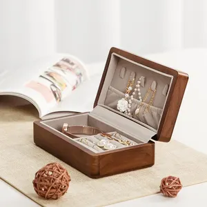 Customized Portable Vintage Walnut Wooden Jewelry Organizer Small Jewelry Travel Case for Rings Earrings Necklace Storage