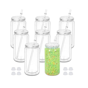 Gelas Tumbler Akrilik 16OZ Model Bola Salju, Dinding Ganda, Plastik, Lubang Sudah Dilubangi dengan Penutup, Gaya Stoples Mason Bening untuk DIY, Dilengkapi Tutup dan Sedotan - Product Image 1
