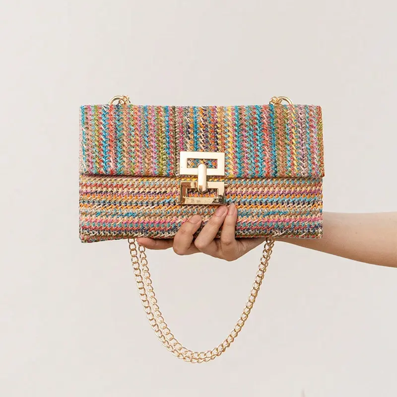 Ladies travel bohemian chain strap straw bag purse straw clutch elegant straw envelope armpit bag crossbody bag fro women