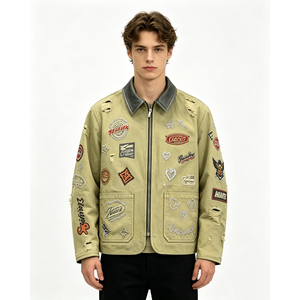 Giacca Personalizzata con Ricami e Patchwork, Stile Vintage in Tela Lavata, Cappotto Streetwear con Zip e Strappi OEM - Product Image 1