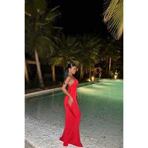 Robe de soirée rouge style bal, taille empire, à volants, drapée, ornée de strass et de paillettes, pour occasions formelles, du XS au XL - Product Image 1