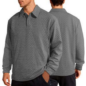 Polo de manga larga para hombre, de jacquard texturizado, color liso, con botones, diseño de solapa, holgado, para uso diario informal - Product Image 1