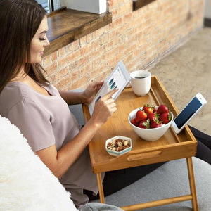 <b>Folding</b> Bamboo Tray <b>Table</b> 55.4x34.3x25cm Trestle Base Minimalist Design For <b>Outdoor</b> Breakfast Work Laptop Use - Product Image 4