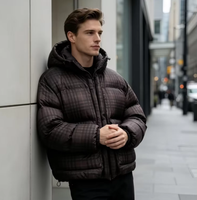 Blouson matelassé d'hiver pour homme, style streetwear, imprimé à carreaux, col montant, coupe courte et ample, minimaliste