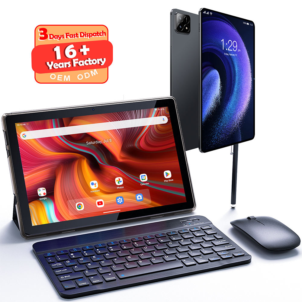 Tablette PC noire avec clavier, souris, stylet et accessoires