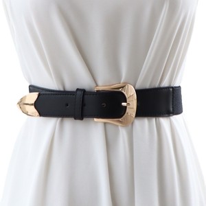 <span class=keywords><strong>Ceinture</strong></span> en cuir noir pour <span class=keywords><strong>femme</strong></span> Yonger Factory avec <span class=keywords><strong>boucle</strong></span> ardillon <span class=keywords><strong>dorée</strong></span> et partie en tissu élastique – Accessoire de mode féminin - Product Image 1