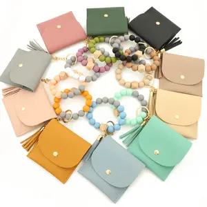 Keychain Bracelet Silicone Wallet With Wood Bead And Wallet Women's Key Chain Bangle With Tassel