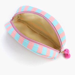 Bolsa organizadora de maquillaje de <span class=keywords><strong>lona</strong></span> de algodón con forma de media luna y diseño de rayas bonitas al por mayor con extractor de decoración de bolas bonito - Product Image 5