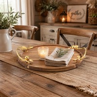 Plateau de service moderne de luxe en bois avec poignées en métal doré en forme de branche d'oiseau, plateau décoratif abstrait en bois massif pour table basse
