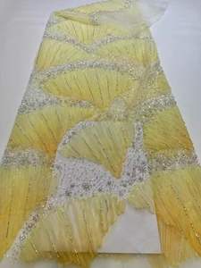 2025 Nigeria rojo guipur cuentas encaje bordado tela lentejuelas perlas trama punto Aso Ebi para boda Africana bordado - Product Image 3