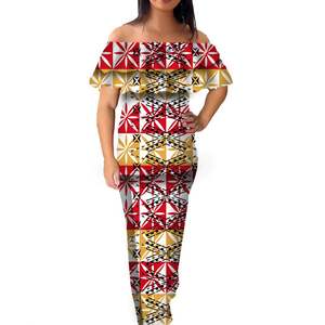 Ropa tribal Polinesia patrón de tatuaje azul oscuro estampado vestido Floral personalizado volantes de talla grande vestido largo isla al por mayor - Product Image 2