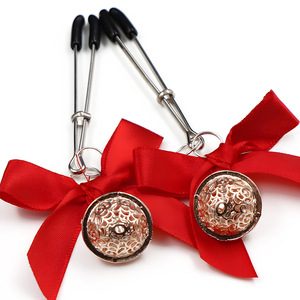 SM adult toys, Chinese <b>red</b> <b>bow</b> bell metal nipple clamps, alternative sex toys for couples. - Product Image 1