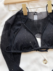 Traje de Baño Negro de Moda, Nuevo Modelo 2022, Top Corto de Manga Larga con Brillantina, Conjunto de <span class=keywords><strong>Bikini</strong></span> de 3 Piezas, Traje de Baño Sexy para Mujer - Product Image 3