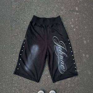 Shorts en coton pour hommes, taille haute, avec broderie et imprimé lettres sur le devant, taille élastique, style streetwear décontracté, infroissable, avec cordon de serrage - Product Image 4