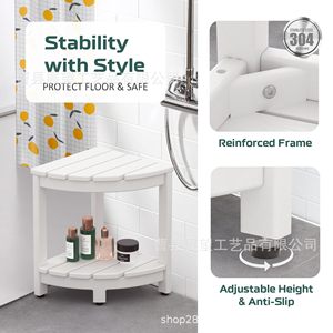 Outlook Bathroom <b>Stool</b> Solid Wood <b>Adjustable</b> <b>Height</b> Anti Slip Corner Storage Shelf for Shower Toilet Room - Product Image 1