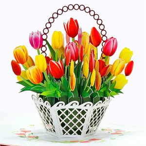 Carte de vœux 3D pop-up pour la fête des mères, panier de tulipes, meilleure maman de tous les temps, carte en papier rectangulaire, finition mate, impression numérique 4 couleurs - Product Image 1
