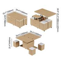 Vente en gros de table basse naturelle moderne 4 en 1 avec pouf de rangement pliable et roulettes
