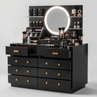 Coiffeuse de chambre moderne en bois massif noir antique avec miroir éclairé réglable et tiroirs – Meuble de maquillage