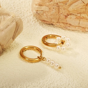 Fashion 18k PVD Gold Plated Stainless Steel Jewelry Asymmetric Double <b>Pearl</b> <b>Earrings</b> Geometric Drop Dangle <b>Earrings</b> for Women - Product Image 5