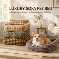 Lit pour animaux de compagnie avec support pour le cou, motif écossais rétro, carré, amovible, pour chats et chiens