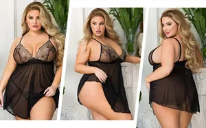 Exquisite Floral Embroidery Lace Mesh Babydoll Transparent Plump Women Mature Plus Size Sexy Lingerie Dress Set With G String